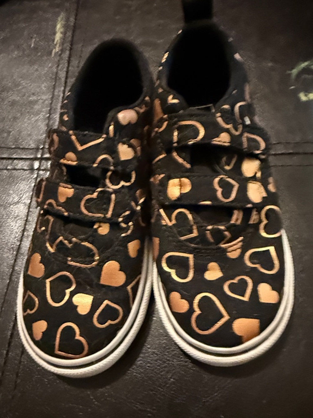 Vans Kids Black Sneakers with Metallic Gold Heart Print - Velcro